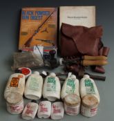 Collection of gun accessories including 90 rounds of .577 Enfield bullets, horn powder flask,