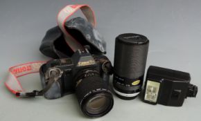 Canon T70 SLR camera with Canon 35-105mm 1:3.5-4.5 and Tamron 200mm 1:3.5 lenses and a flash gun