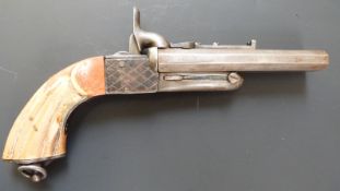 Double barrelled side by side percussion hammer action pistol with chequered lock plates, reeded