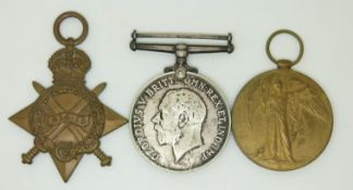 British Army WWI medals comprising 1914/1915 Star, War Medal and Victory Medal named to 5089