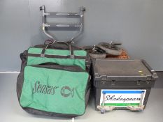 Shakespeare and wicker fishing boxes/seats, one with adjustable feet, trolley, Sensa keepnet /