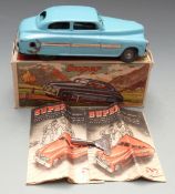 JNF German clockwork tinpate Super car with pale blue body, detailed interior and original key, in