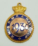 A 9ct gold and enamel 1930 RN & RMFA Navy Cup football or similar sporting medal, 8.5g
