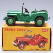 Dinky Toys diecast model Jeep with green body and hubs, 405, in original box.