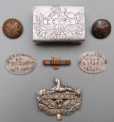 British Army Gloucestershire Regiment WWI cap badge, match box holder marked Taube Farm,