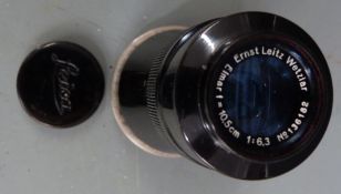 Leitz Elmar 10.5cm 1:6.3 lens No. 136182, to suit screw mount Leica, with caps and hood