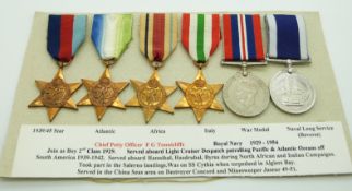 Royal Navy WWII medals comprising 1939/1945 Star, Atlantic Star, Africa Star, Italy Star, War