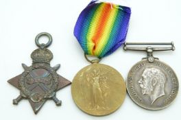 British Army WWI medals comprising 1914/1915 Star, War Medal and Victory Medal named to 077490 Pte J