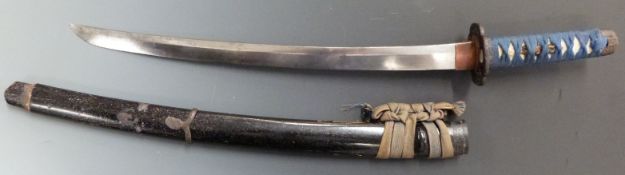 Wakizashi blade in black lacquer saya with gold fleck, signed tsuba and shagreen hilt with blue