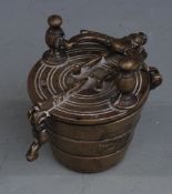 Middle Eastern or similar set of bronze nesting cup weights with carrying handle to lid, height