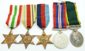 British Army WWII medals comprising 1939/1945 Star, Africa Star, Italy Star, War Medal and