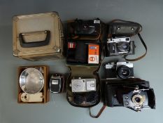 Quantity of vintage cameras and accessories to include Zorki 4 with Jupiter-8 2/50 lens, Kodak 1A