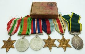 British Army WWII medals comprising 1939/1945 Star, Africa Star, Italy Star, Defence Medal, War