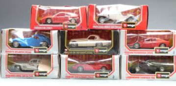 Eight Burago 1:24 scale diecast model cars including Bugatti, Atlantic, Ferrari, Mercedes etc, all