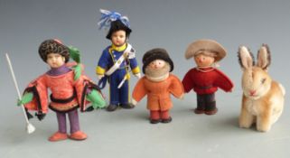 Steiff miniature rabbit with shaved mohair, 10cm tall, together with four vintage dolls of the