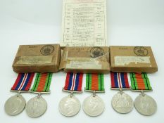 Royal Air Force WWII boxed medals comprising three pairs of Defence Medals and War Medals, addressed
