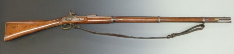 Enfield pattern three band percussion hammer action rifle with lock stamped 1855 Tower and with