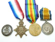 British Army WWI medals comprising 1914/1915 Star, War Medal and Victory Medal named to 14393 L/