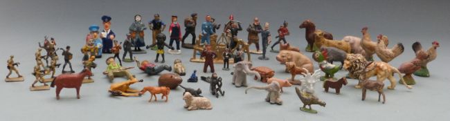 Approximately 50 Britains and similar lead, wood and other model figures and animals.