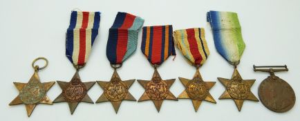 British Army WWII medals comprising 1939/1945 Star, France & Germany Star, Africa Star, Italy