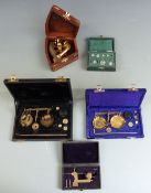 Small cased brass sextant, two sets of beam scales, cased weights and a watchmaker's tool
