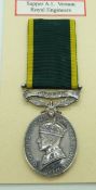 British Army Territorial Efficiency Medal (George VI) named to 986960 Sapper A L Vernon, Royal