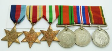 South Africa Forces WWII medals comprising 1939/1945 Star, Africa Star, Italy Star, Defence Medal,