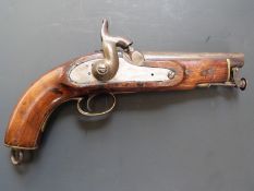 Percussion hammer action sea service pistol with brass trigger guard, butt plate and mounts, belt