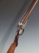 F Dyke & Co of London 12 bore side by side hammer action shotgun with engraved lock, hammers,