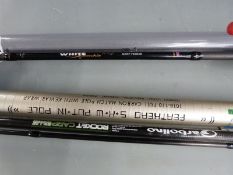 Garbolino Rocket carp pellet waggler, Middy White Knuckle carp feeder and a Shakespeare carbon