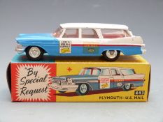 Corgi Toys diecast model Plymouth - U.S. Mail with blue and white body, red stripe, decals and red