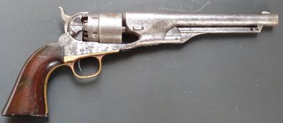 Colt Army .44 five-shot single action percussion revolver with brass trigger guard, shaped wooden