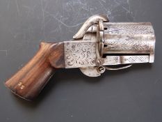 Unnamed 7mm six-shot pinfire pepperbox revolver with all over engraved scrolling decoration, frame