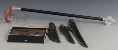J Marttiini, Finland three Steinning boning knives in sheaths, a cased Paxton and Whitfield knife