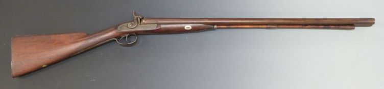 Keep & Son side by side percussion hammer action shotgun with named and engraved locks, chequered