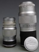 Two Leica screw mount lenses comprising Elmar 9cm 1:4 and Hektor 13.5cm 1:4.5, both in Leitz