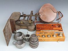 Set of shop or kitchen scales, cased set of weights, leather case and three pieces of Arts and