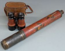 Brass and painted telescope and a pair of binoculars in leather case