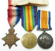 British Army WWI medals comprising 1914/1915 Star, War Medal and Victory Medal named to 64779