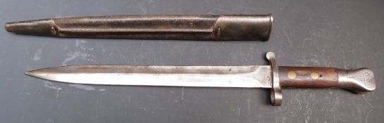 British Army 1888 Lee Metford bayonet marked London and 4 96 to 30cm blade, with leather scabbard