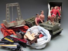 Six Action Man figures together with various vehicles, outfits and accessories including tower,