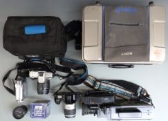 Cased Sony Video8AF video camera, Minolta Dynax 4 with Sigma 28-80mm lens, Minolta Dynax 3000i