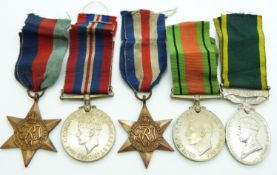 British Army WWII medals comprising 1939/1945 Star, France & Germany Star, Defence Medal, War