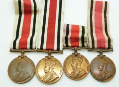 Four Special Constabulary Long Service Medals (George V) for Frederick B Marsh, Alfred Methuen,