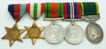British Army WWII medals comprising 1939/1945 Star, Italy Star, Defence Medal, War Medal and