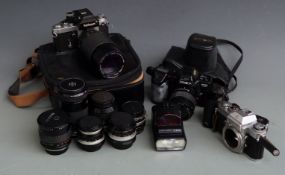 SLR cameras, lenses and acessories to include Nikkormat EL, Nikon F2 with Vivitar 70-210 1:3.5 lens,