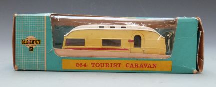 Tri-ang Spot-On diecast model Tourist Caravan with yellow body, white roof and red stripe, 264, in