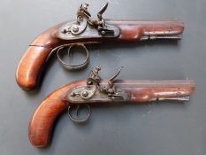 Pair of Muley of Dublin Irish flintlock coat pistols with named locks, French style hammers, horn