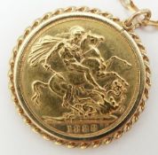 A 1888 gold full sovereign mounted in 9ct gold mount on a 9ct gold chain, 12.8g