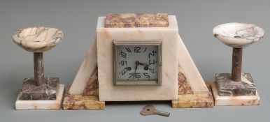 Art Deco marble clock garniture with stylised Arabic numerals and hands, the numbered French